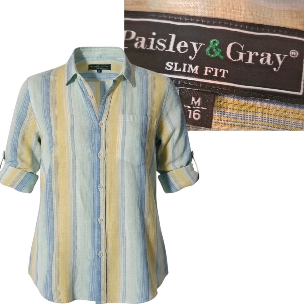 Paisley &‎ Gray Men Slim Fit Striped Button Down Shirt Size M medium camp L/S